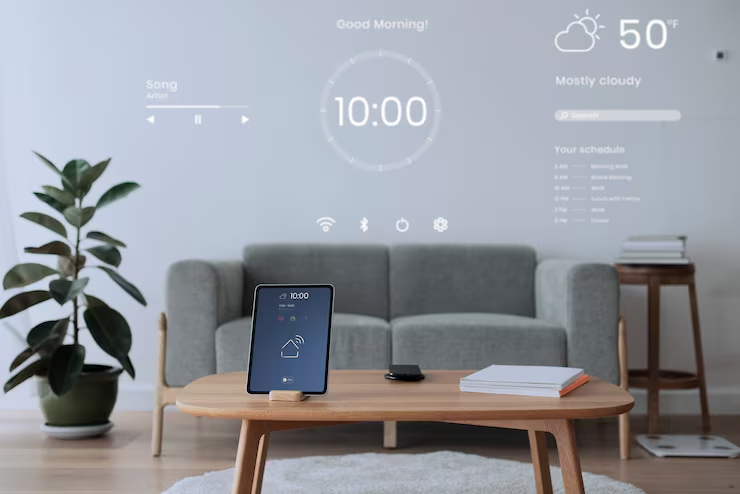 Salón inteligente con panel de control en pared y tableta domótica