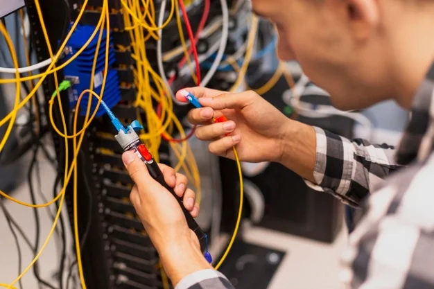 Técnico trabajando cableado de fibra óptica en rack con cables y comprobador