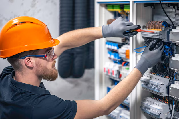 Técnico en casco y guantes realizando mantenimiento en tablero eléctrico y cableado